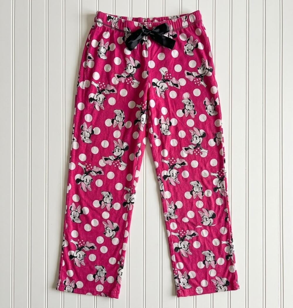 Disney Pajama Bottoms Girls Size 12-14 Large Pink Minnie Mouse Print Tie Waist